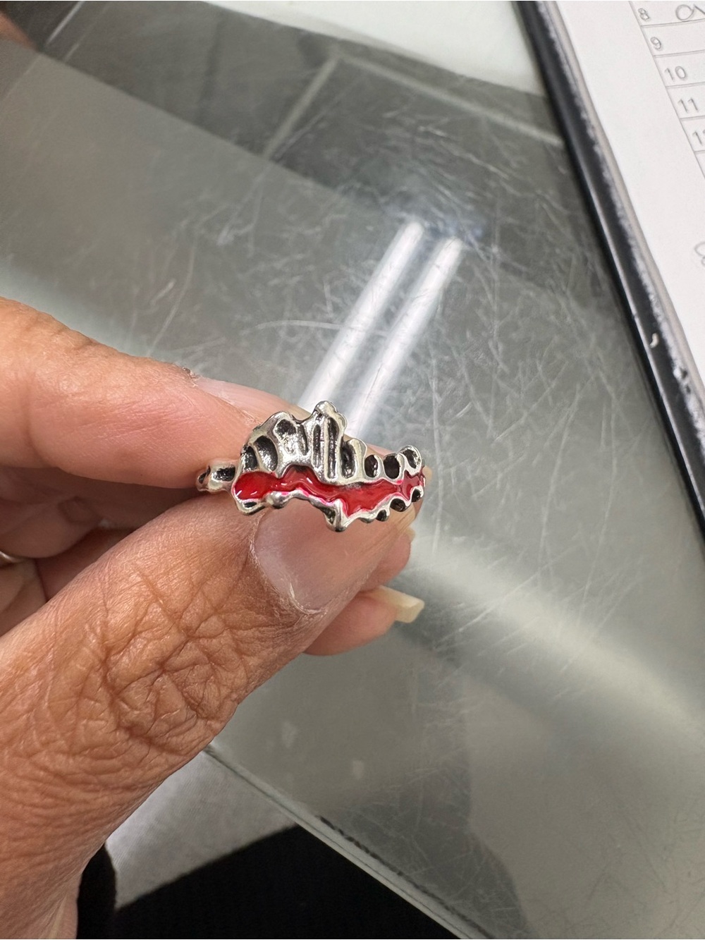 Abstract Wave Silver Ring with Red Enamel Accent - Women's Fashion
